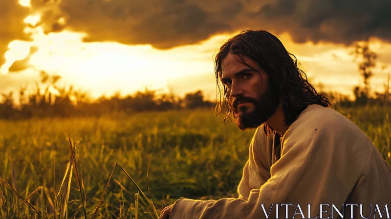 Bearded man sits in grassy field under dramatic sunset sky