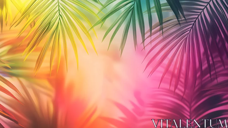 Radiant tropical palm canopy over dreamy color haze.