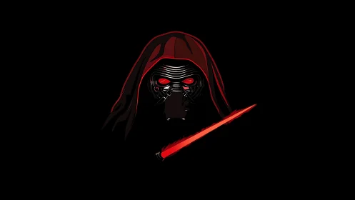 Hooded masked warrior with glowing red blade silhouette.