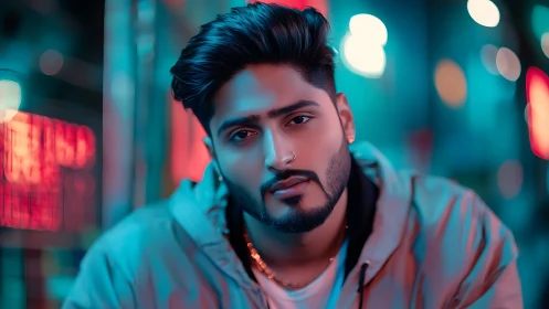 Neon soulful gaze under electric midnight city lights.