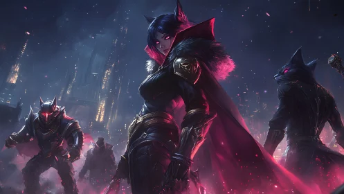 Cybernetic vulpine strike squad in neon dystopian skyline.