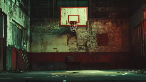 Quiet urban basketball hoop glowing in a forgotten gym.