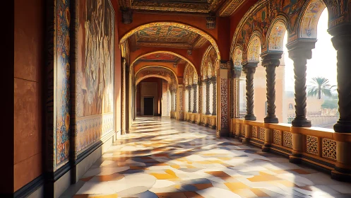 Ornate sunlit corridor with arches, murals, and tiled floor.