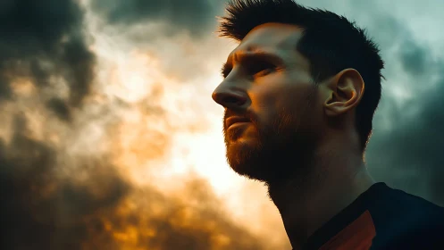 Dramatic male profile portrait in sunset rim lighting.