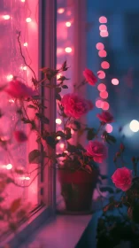 Neon Pink Roses at Window with Bokeh Lights.