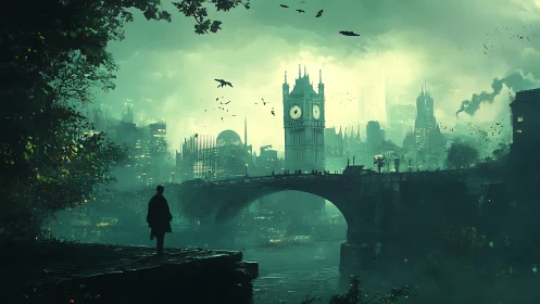 Wanderer gazes over misty clocktower city at twilight.