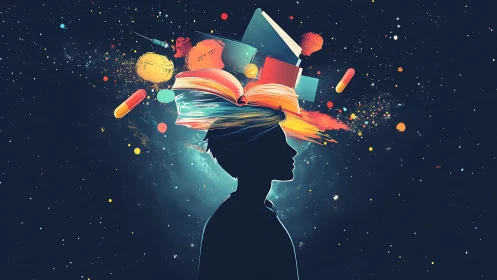 Curious mind opens like a colorful cosmos of books and ideas