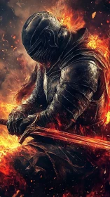 Flame-wreathed dark knight kneels within a storm of embers.