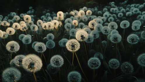 Backlit dandelion seed heads demonstrate complex radial geometry and translucent filament structures