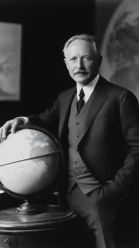 Vintage gentleman in suit posing with terrestrial globe portrait.