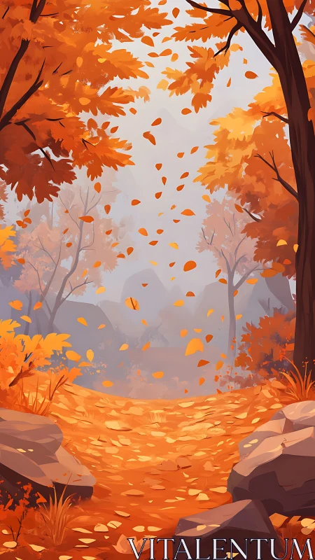 Autumn Forest Path with Falling Leaves