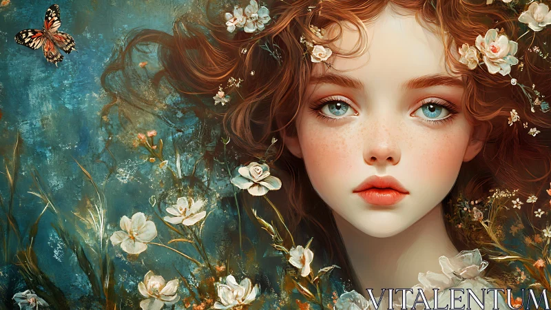 Freckled girl portrait in floral meadow with butterfly, teal field