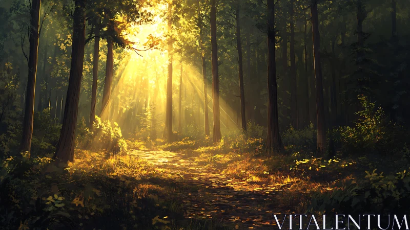 Forest pathway with sunlight filtering through tall trees.