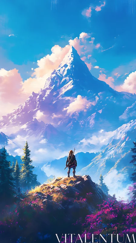 Digital painting of lone adventurer facing luminous alpine peak.