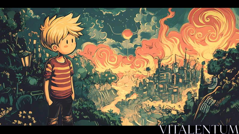 Blond child observes burning city under swirling sky