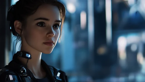 Neon-slick sentinel girl watching the sleepless cybercity.