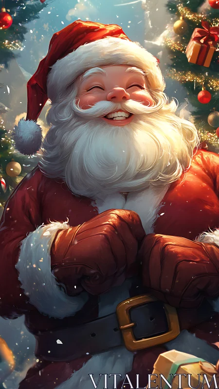 Joyful Santa portrait under glowing Christmas lights.