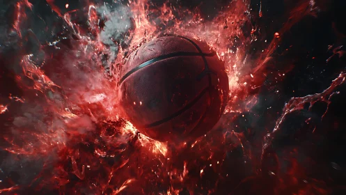 Fiery digital basketball exploding through red energy storm.