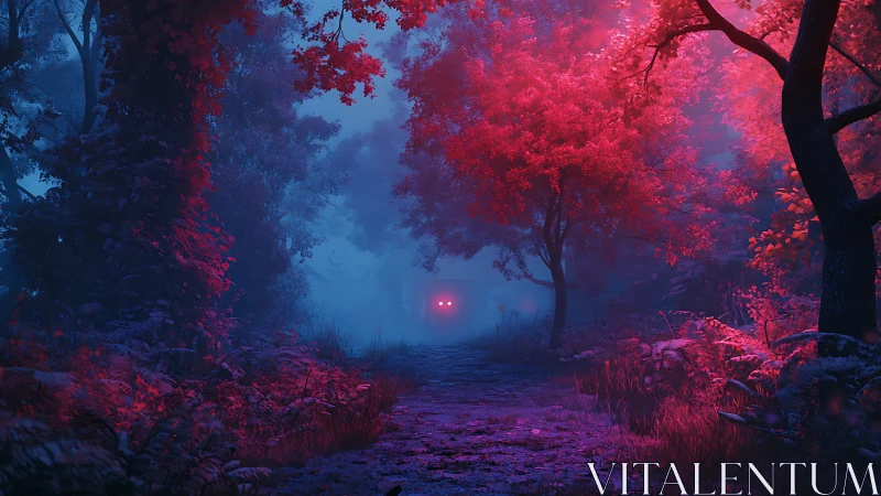 Neon haunted forest path with glowing red eyes ahead.