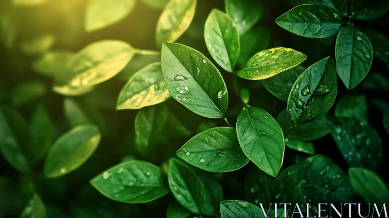 Morning rain jewels on luminous green garden leaves.