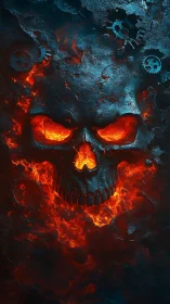 Molten infernal skull with mechanical cogs in blazing relief.