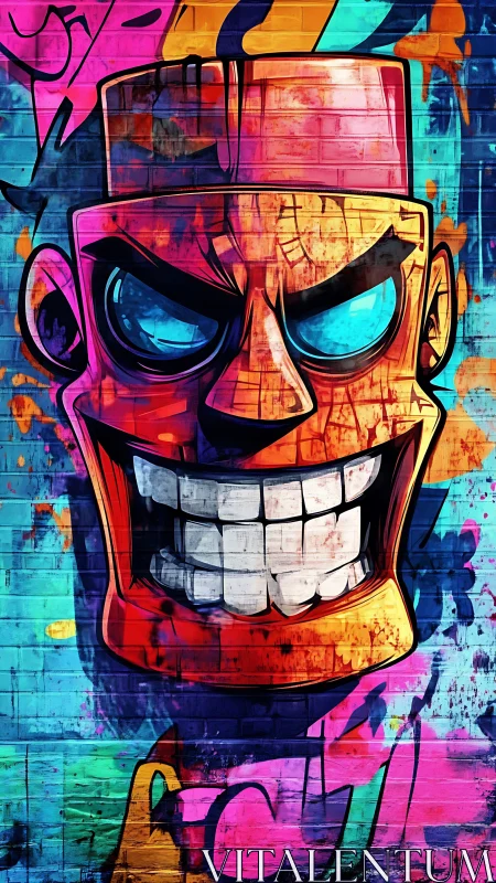 Vivid graffiti face grins fiercely across textured brick wall