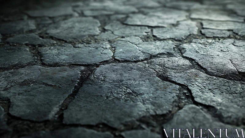 Detailed macro study of cracked stone pavement in low light