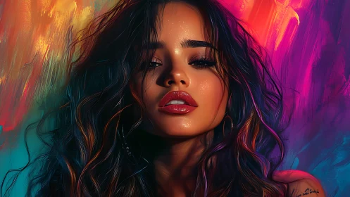 Sensual digital portrait glows against neon abstract backdrop