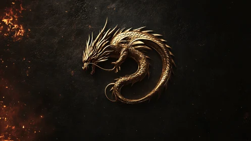 Golden dragon emblem coils in firelit dark void.