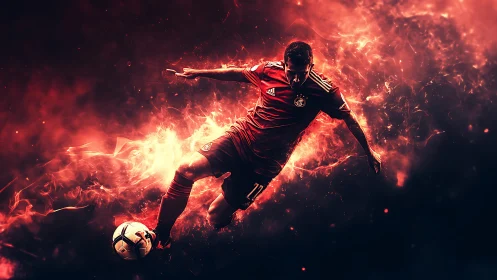 Digital painting of dynamic footballer amid blazing motion field.