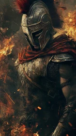 Armored warrior emerges through flames in cinematic detail.