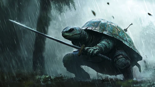 Rain-soaked turtle warrior crouches ready with gleaming sword