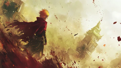 Figure in red cloak observing distant tilting tower scene.