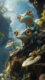 Bioluminescent-eyed tree frogs on mossy jungle outcrop.