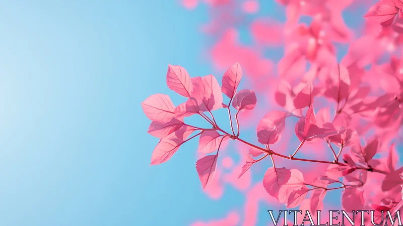 Vibrant pink leaves on branch against bright blue sky, soft focus.