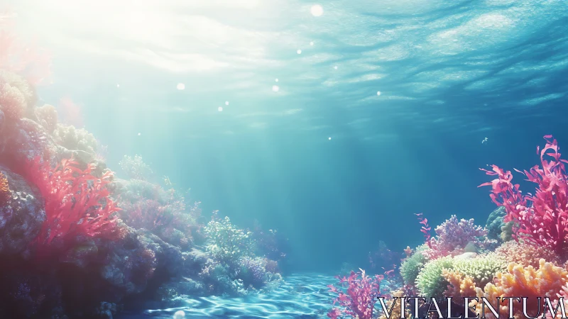 Sunlit coral reef glows beneath tranquil turquoise waves