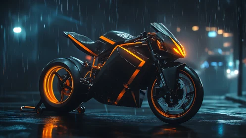 Electric sport motorbike glows under neon rain at night