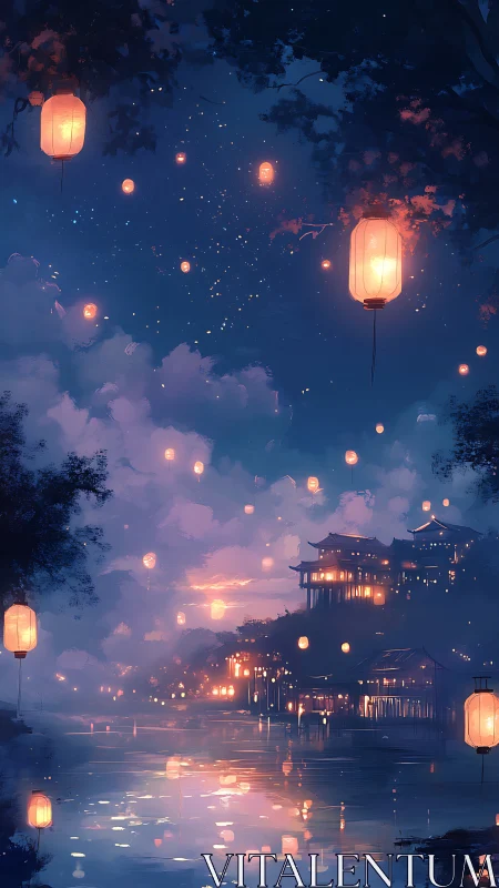 Sky lanterns drift above riverside temples at twilight