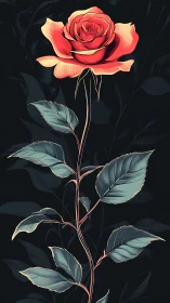 Red Rose with Teal Leaves on Dark Background.