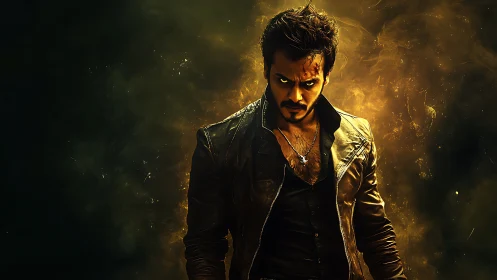 Brooding antihero in leather jacket amid fiery smoke.