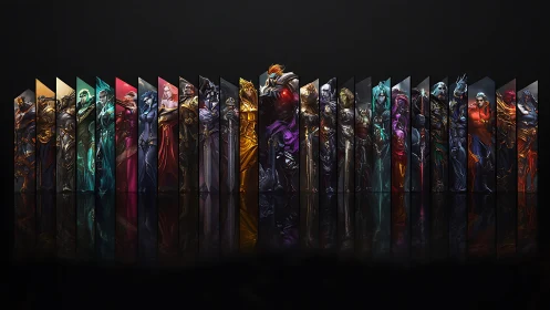 Lineup of armored fantasy characters in segmented panels.