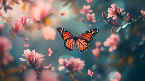 Orange butterfly in soft pink flower garden at dusk.