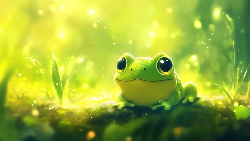 High-saturation macro frog portrait with bokeh-lit forest floor