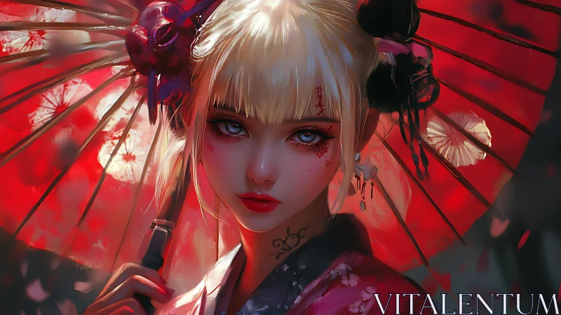 Blonde geisha gaze beneath a glowing crimson umbrella.