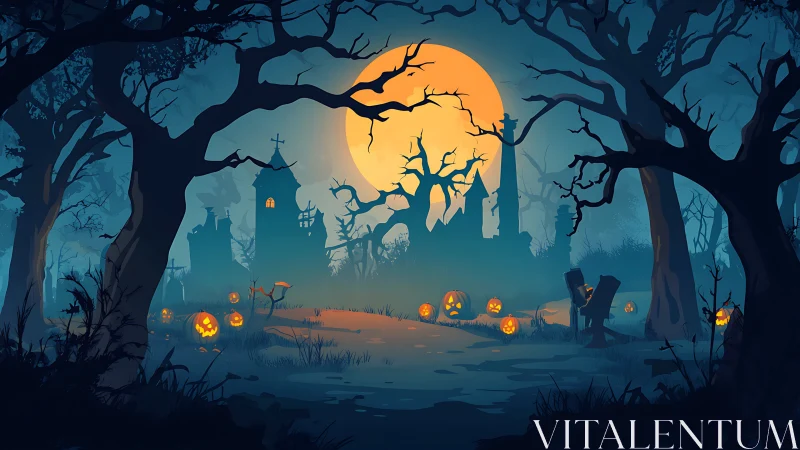 Halloween graveyard under full moon with carved pumpkins glow.