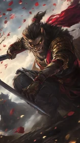 Mythic warrior monkey lunges forward with twin blades poised.