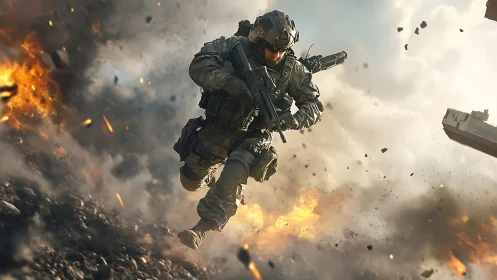 Armored soldier charges through battlefield explosions in dust.