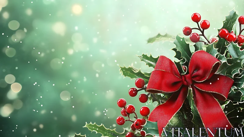 Holly leaves and red satin bow against defocused bokeh field