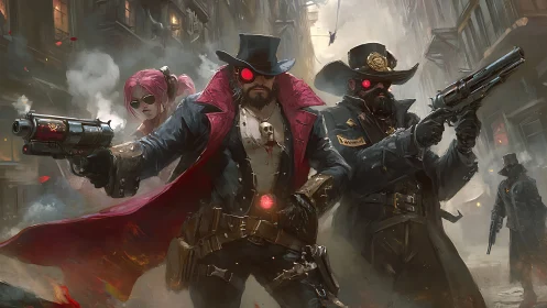 Cyberpunk gunslingers advance through a smoky outlaw alley