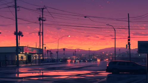 Neon dusk crossroads over a rainlit city edge boulevard.